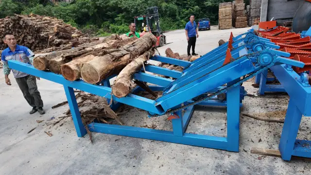 Worker loading logs onto the LW-LD2 log deck feeder at a Guangxi sawmill