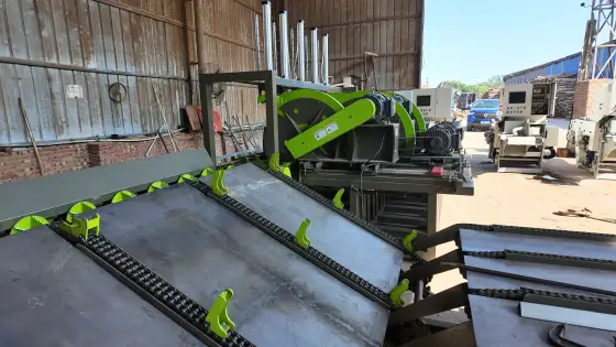LW-CS1200F four-head cut-off saw and LW-LD5 log deck in custom green at a customer site in Sichuan