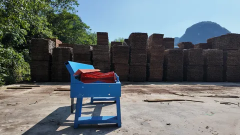 Finished wooden pallets stacked in a customer yard in Guangxi, China, behind a LONWOOD cut-off saw transfer conveyor